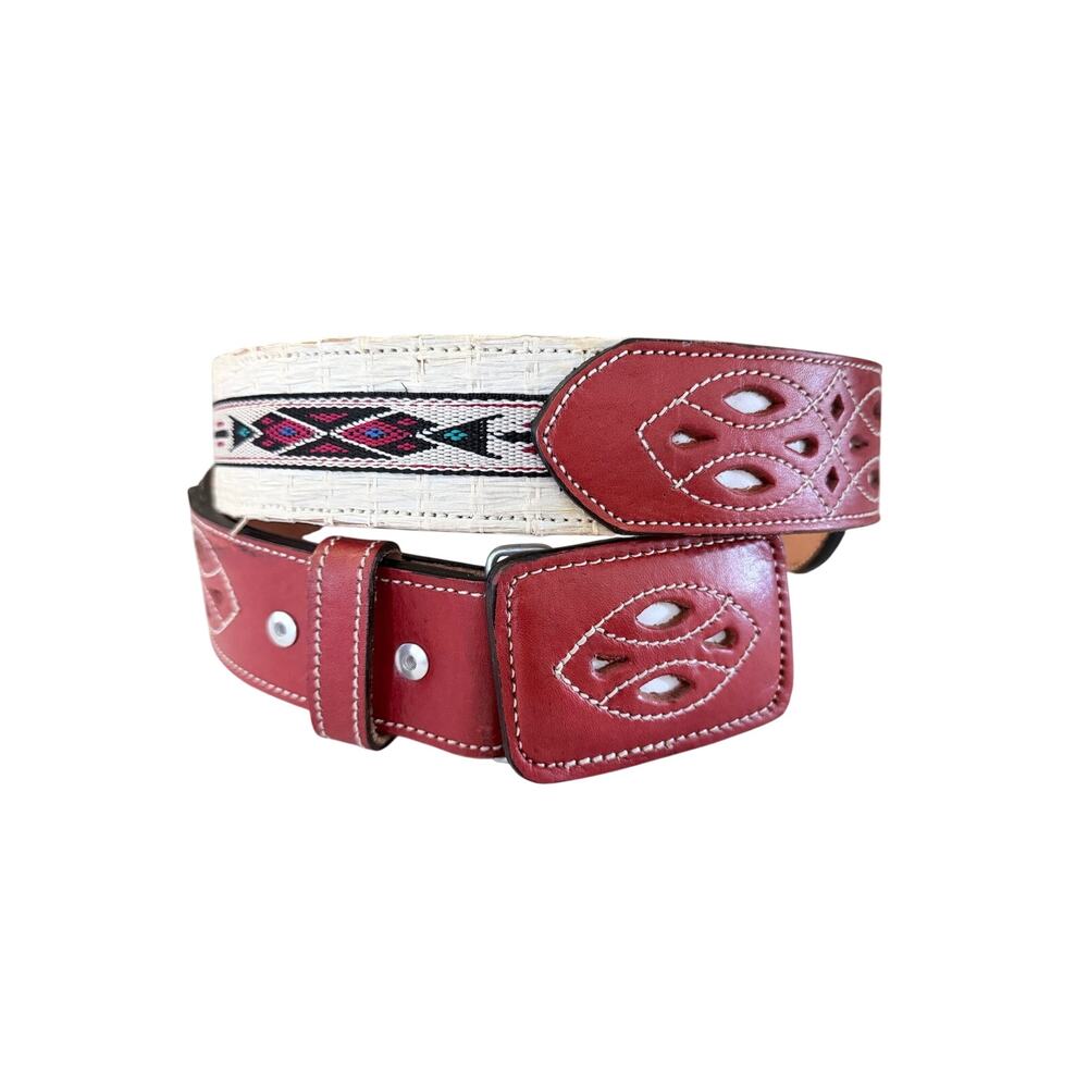 Vintage Mexican Western Belt Size 40 Red Leather Woven Southwestern Boho Mens